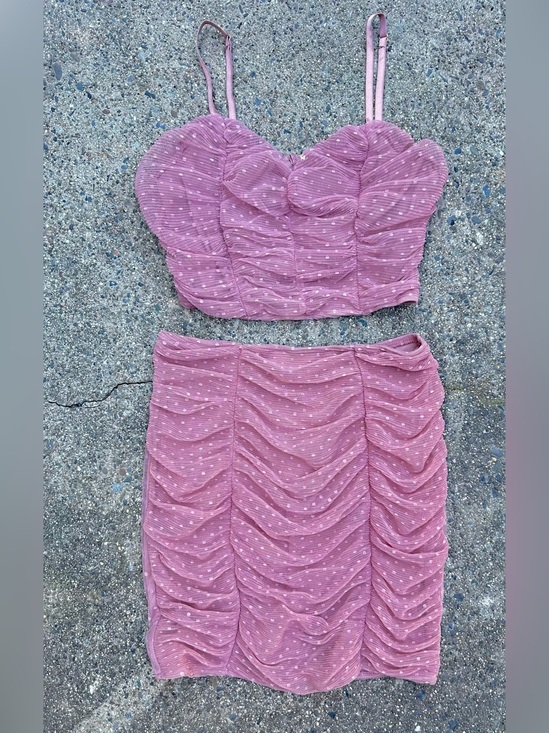 Haute Monde Dresses & Skirts - Pink Ruched Polka Dot Two-Piece Crop Top & Skirt Set Medium